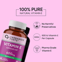 Carbamide Forte Vitamin E 600mg Capsules For Face And Hair , 100% Natural Vitamin E, Paraben Free | 60 Capsules 100gm 0.2lbs