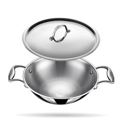 Artisan Triply Stainless Steel Round Bottom Kadhai With Lid 2.3 Liters, 22cm | Extra Deep Kadai