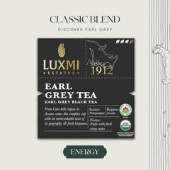 Luxmi Estates Earl Grey Black Tea - 100gm, 3.5 Ounce, 50 Tea Bags | USDA Organic Certified Tea - 100% Natural Bergamot Extracts | High Caffeine Black Tea