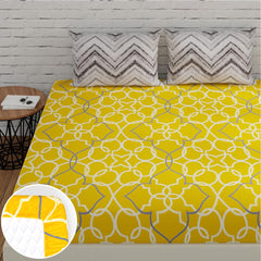 Cotton 144 TC Elastic Fitted Bedsheets For Double Bed With 2 Pillow Covers | Long Lasting & Soft To Touch - Soft & Comfortable | 60 X 78 Inches, Yellow & Grey