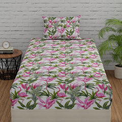 Single Bedsheet Elastic Fitted Cotton With 1 Pillow Cover | 36 X 78 Inches, Pink & Green | Ideal For Home, Guest House, Hotel | Soft & Breathable Fabric
