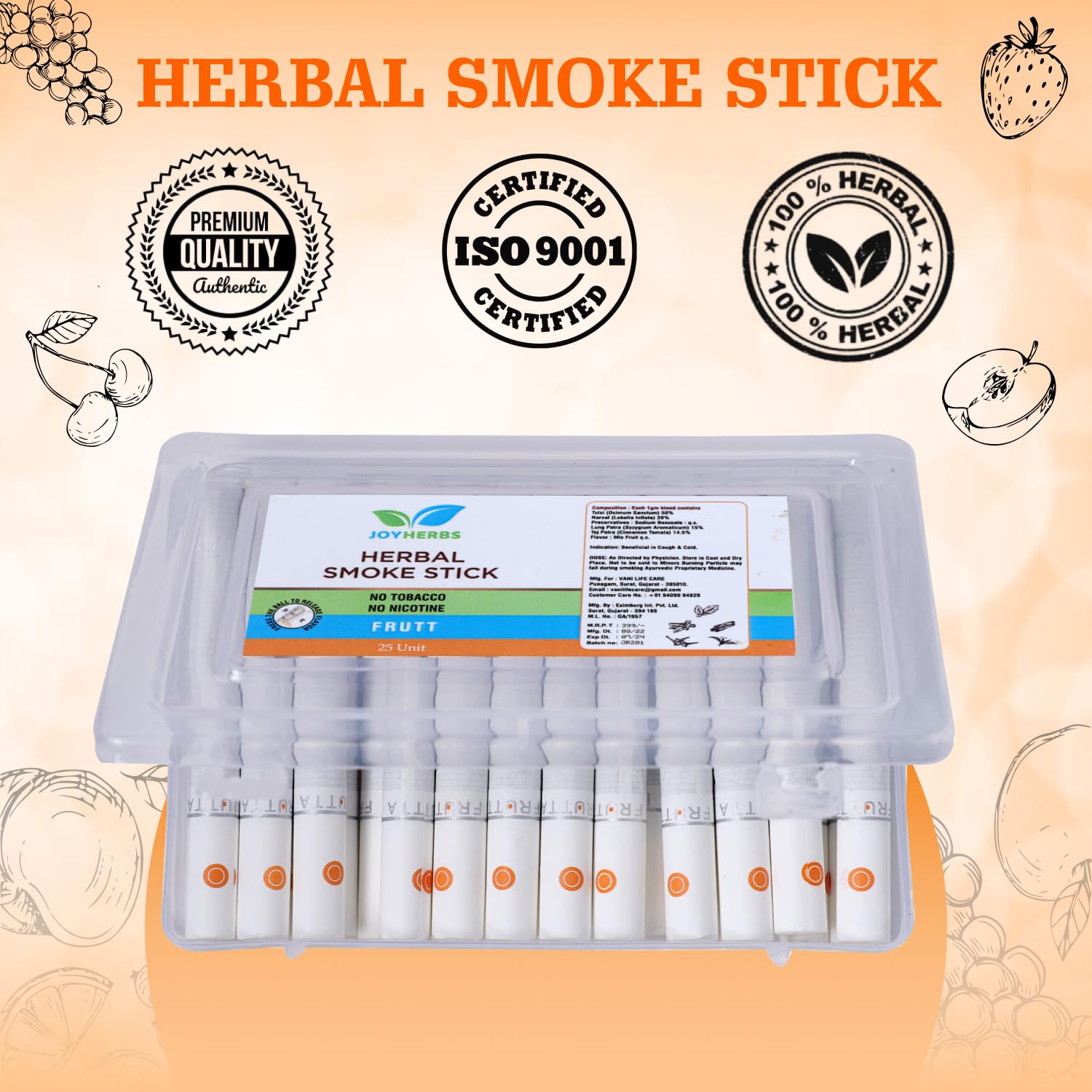 Ayurvedic Herbs Cigarette,  Herbal Fruit Flavour - Pack Of 25 Sticks King Size | Cigarette Alternatives - Herbal Frutta Cigarettes No Tobacco & Non Nicotine Ayurvedic Herbs Cigarette,  Herbal Fruit Flavour - Pack Of 25 Sticks King Size | Cigarette Alternatives - Herbal Frutta Cigarettes No Tobacco & Non Nicotine