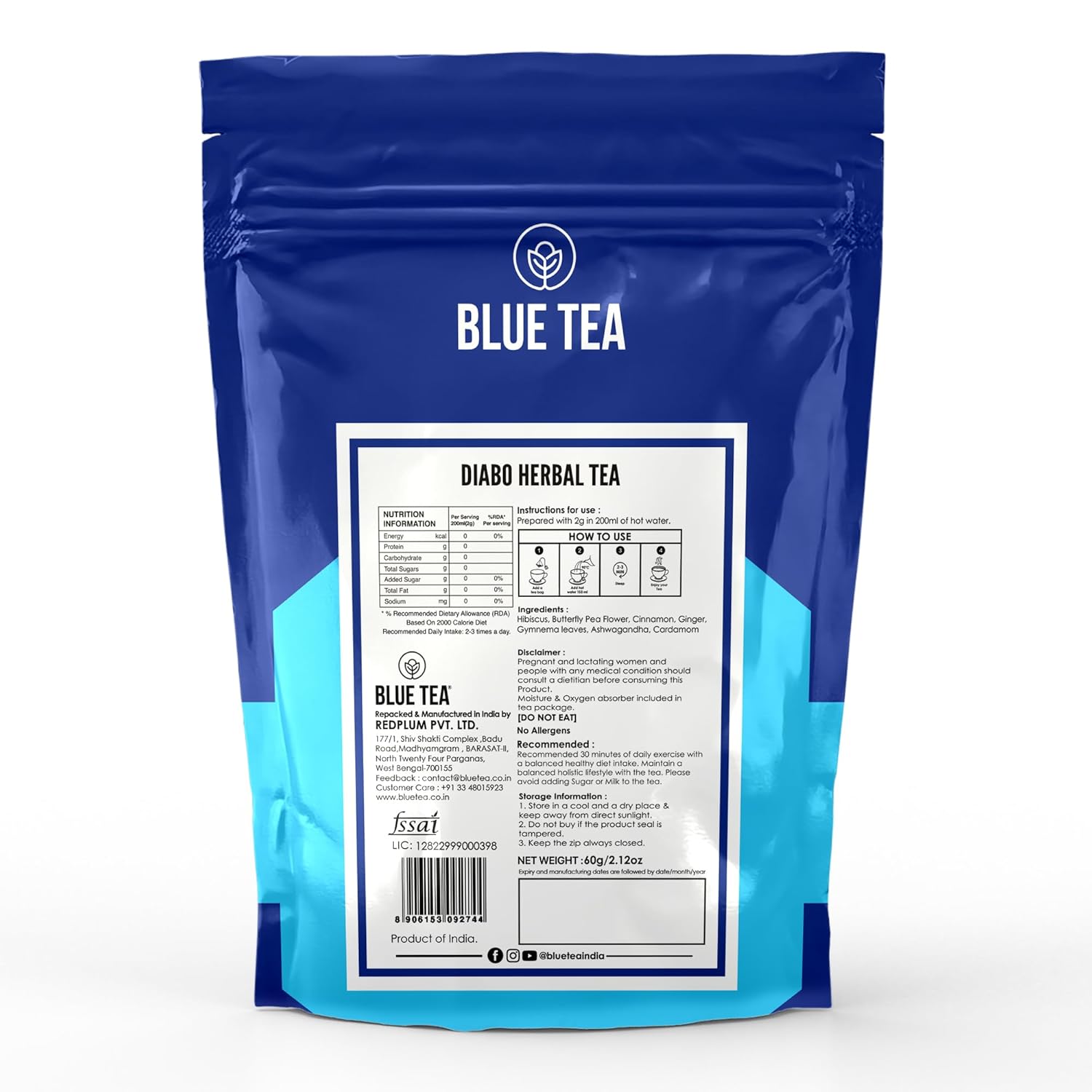 Blue Tea Caffeine Free Diabo Herbal Tea - 30 Pyramid Tea Bags In Zip Lock Pack | Diabetic Care Tea With Super Herbs - Gluten Free, Non-GMO, 100% Natural Blue Tea Caffeine Free Diabo Herbal Tea - 30 Pyramid Tea Bags In Zip Lock Pack | Diabetic Care Tea With Super Herbs - Gluten Free, Non-GMO, 100% Natural