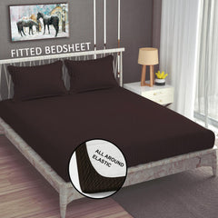 Cotton Elastic Fitted King Size Double Bed Bedsheet With 2 Pillow Covers - 72x78x6 Inches, Brown | Durable Bedsheets For Everyday Comfort