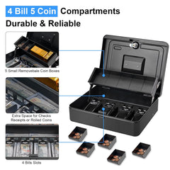 Cash Box With Lock & 2 Keys, Metal Money Box With Cash Tray, Portable Lock Safe Box, 4 Bill, 5 Coin Slots, Large Cash Boxes For Small Business 11.8 X 9.5 X 3.5 Inch, Colour - Top Key Black