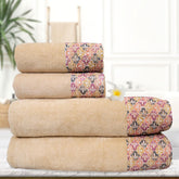Rangoli Prima Dream 100% Cotton Lace 2 Bath & 2 Hand Towel 1400 Gsm | Ultra Soft, Super Absorbent & Eco-Friendly Hanging Bath Towels (Beige) - Pack Of 4