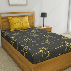 Single Bedsheet With 1 Pillow Cover - 55 X 88 Inches, Grey & Yellow | Soft & Comfortable Sleep Experience | Machine Wash In Cold Water