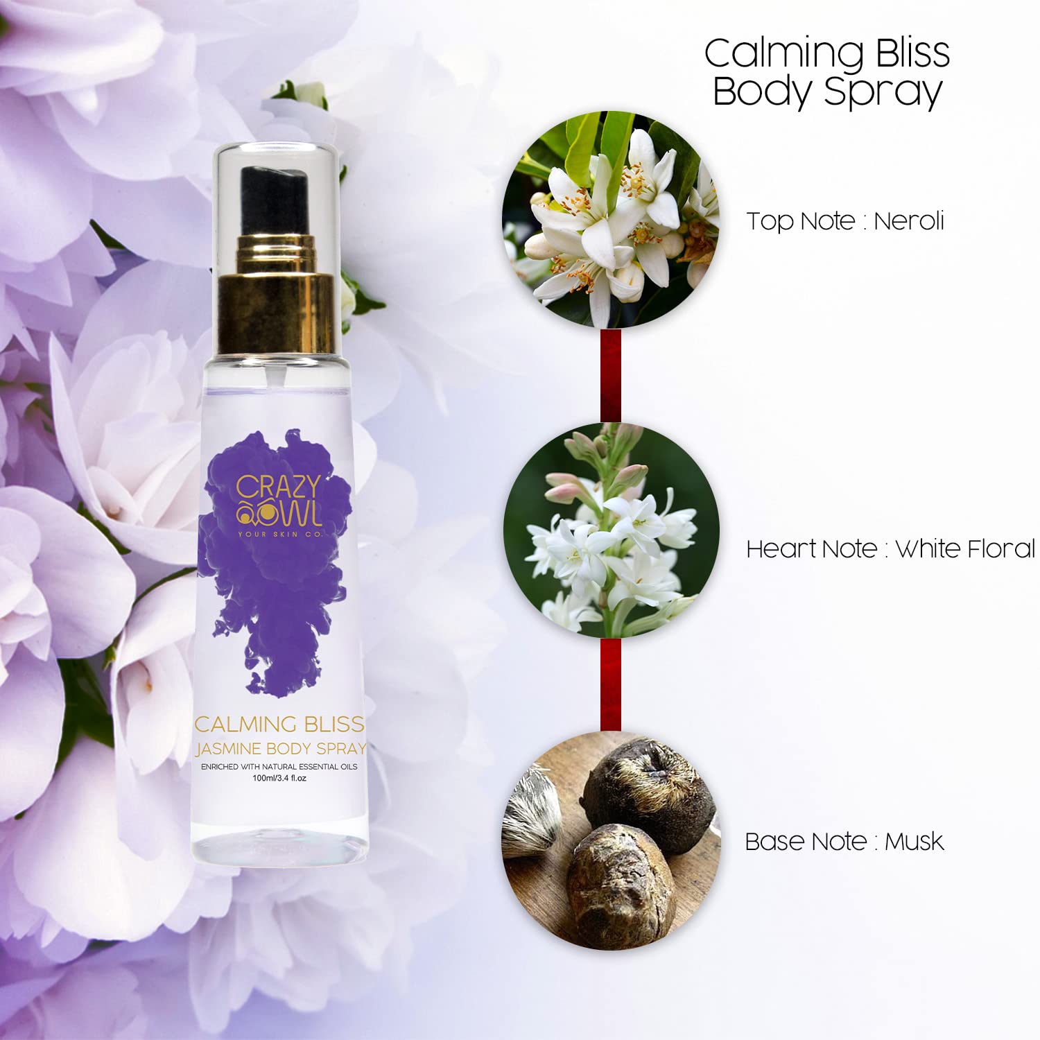 Crazy Owl Calming Bliss Jasmine Body Spray 100ml 3.4 Fl.oz. Perfect For Daily Use, Long Lasting, No Gas, Everyday Deodorant | For Unisex Crazy Owl Calming Bliss Jasmine Body Spray 100ml 3.4 Fl.oz. Perfect For Daily Use, Long Lasting, No Gas, Everyday Deodorant | For Unisex