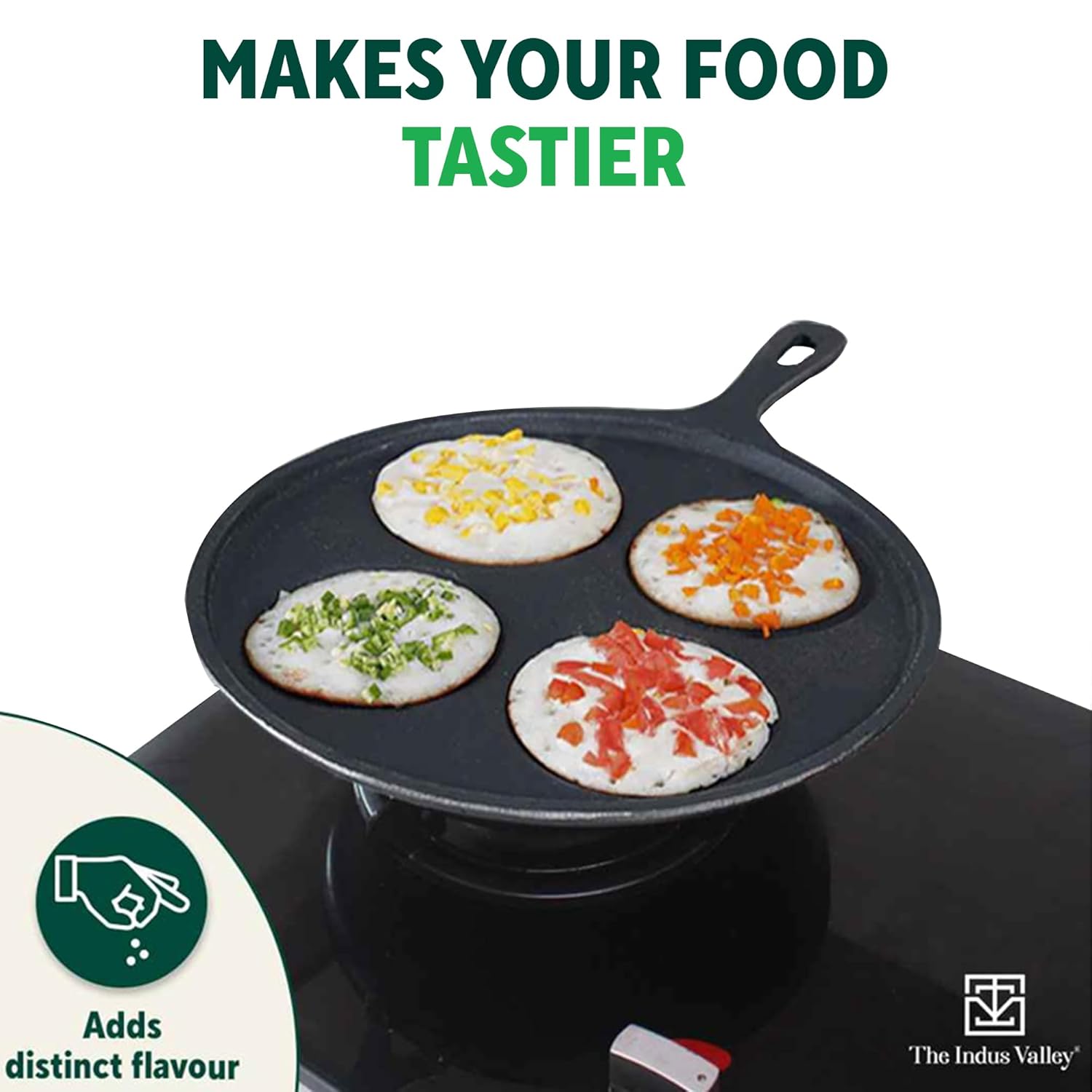 Pre-Seasoned Black Cast Iron Uttapam Tawa - 4 Pit, 27.5cm, 10.8 Inch, 2.5 Kg | Induction Friendly, Naturally Nonstick, 100% Pure & Toxin-Free, No Chemical Coating Pre-Seasoned Black Cast Iron Uttapam Tawa - 4 Pit, 27.5cm, 10.8 Inch, 2.5 Kg | Induction Friendly, Naturally Nonstick, 100% Pure & Toxin-Free, No Chemical Coating