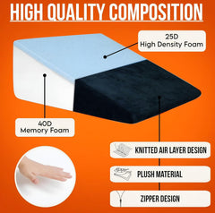 Wedge Pillow Memory Foam For Pain Relief, Black - 18 L X 17.5 W X 11 H Inch | Wedge Cushion, For Back Support, Acid Reflux, Snoring, Gerd, Leg Elevation, Pregnancy | Removable Velvet Cover