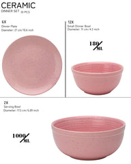 Handcrafted Ceramic Stoneware Dinner Set Of 20 Pcs With Serving Bowl Set - Pastel Pink | 6 Dinner Plates, 10.6 Inch Each + 12 Small Dinner Bowl, 180ml Each+ 2 Serving Bowl, 1000ml Each | Serving For 6