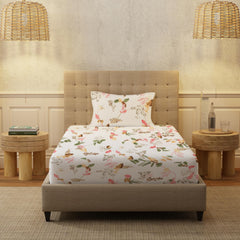 Printed Bedsheet For Single Bed With 1 Pillow Cover - Size 58 X 90 Inches, White & Peach | 100% Pure & Premium Quality Cotton Bedsheet