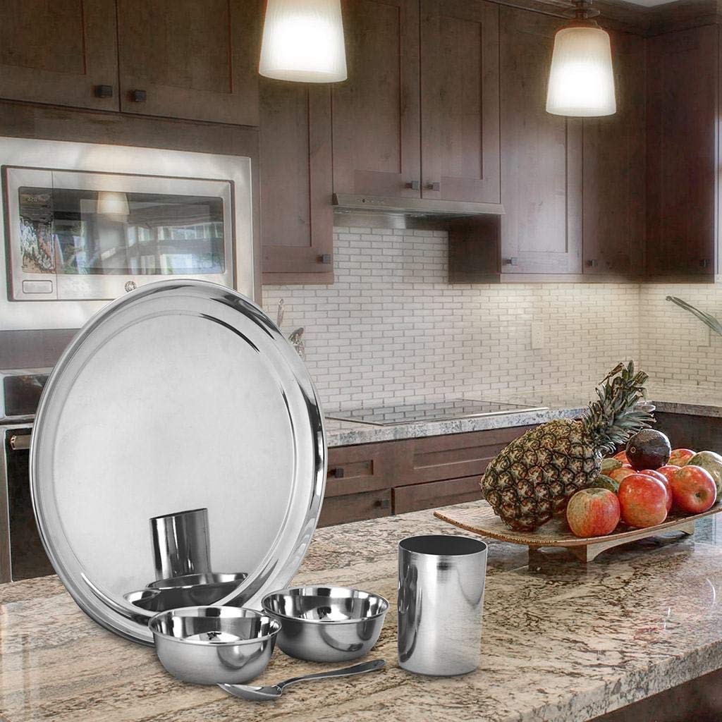 High Grade Stainless Steel Premium Thali Set Of 5 Pieces, Silver | 1 Thali+ 2 Bowls+ 1 Glass+ 1 Dinner Spoon - Easy To Clean & Dishwasher Friendly High Grade Stainless Steel Premium Thali Set Of 5 Pieces, Silver | 1 Thali+ 2 Bowls+ 1 Glass+ 1 Dinner Spoon - Easy To Clean & Dishwasher Friendly