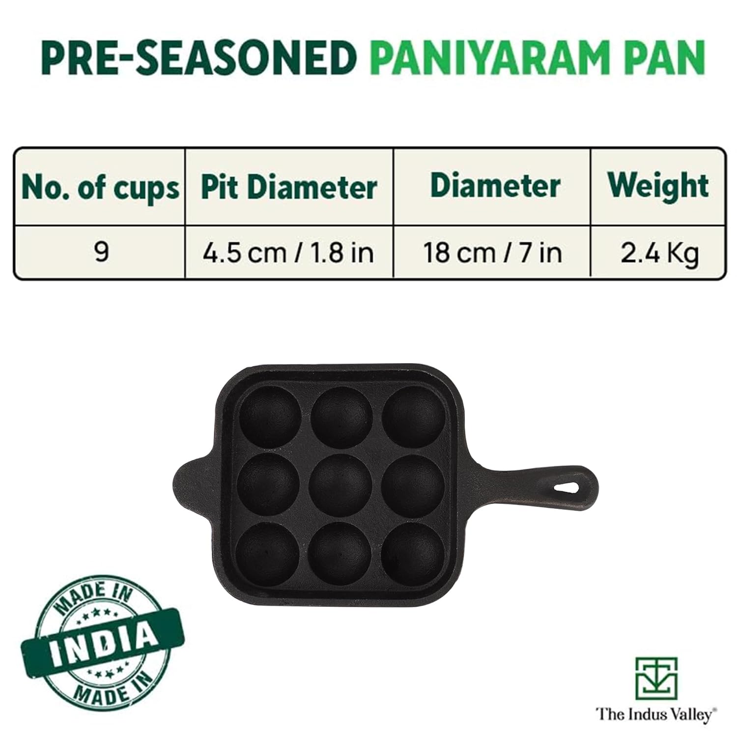 Pre-Seasoned Black Square Cast Iron Paniyaram Pan With Long Handle - 9 Pits, 18cm, 7 Inch, 2.4 Kg | Induction Friendly, Pre-Seasoned Paddu Pan, 100% Pure & Toxin-Free, No Chemical Coating Pre-Seasoned Black Square Cast Iron Paniyaram Pan With Long Handle - 9 Pits, 18cm, 7 Inch, 2.4 Kg | Induction Friendly, Pre-Seasoned Paddu Pan, 100% Pure & Toxin-Free, No Chemical Coating