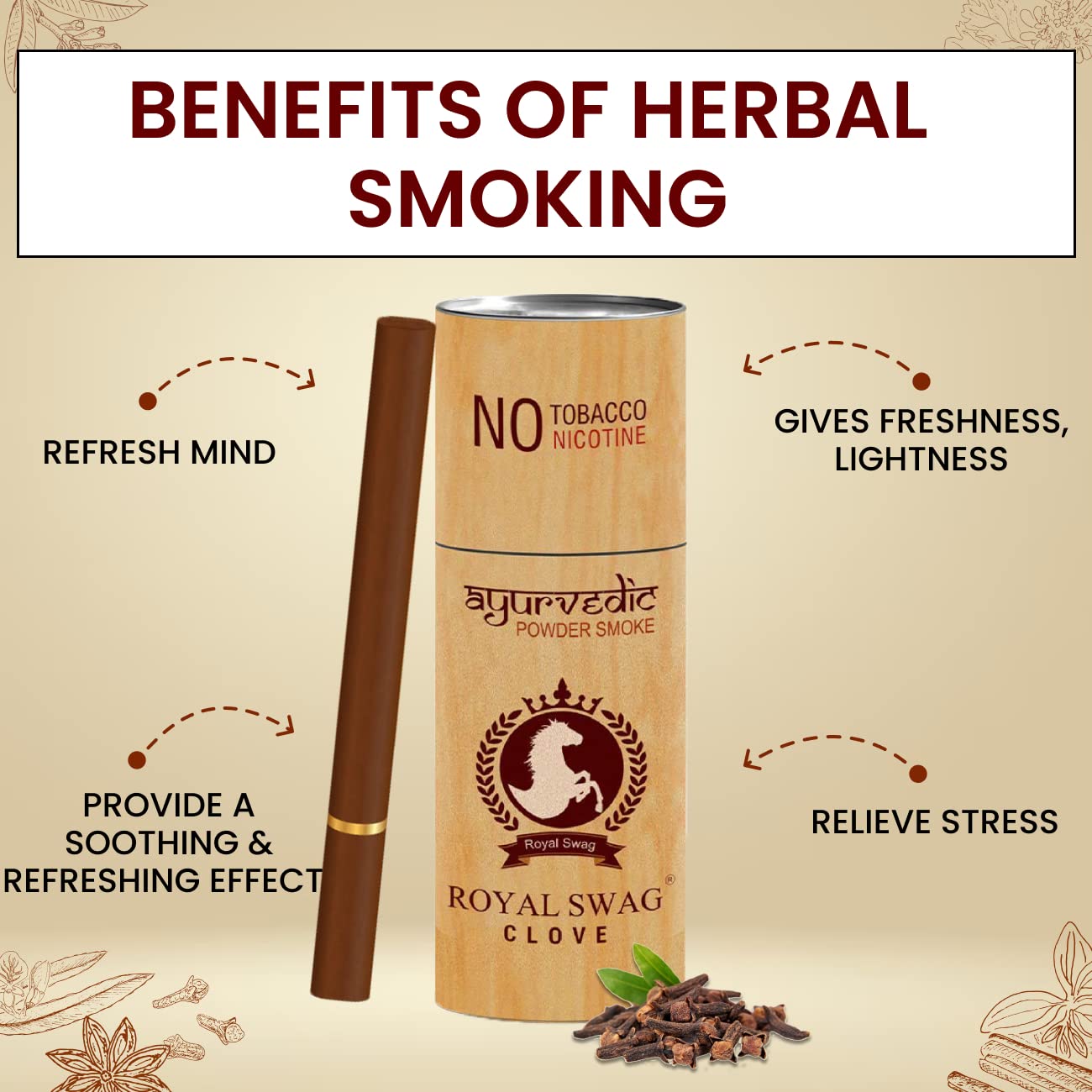 Royal Swag Herbal Cigarettes 100% Tobacco Free & 100% Nicotine Free Clove Crush With Ayuvredic Herbs Flavoured - (Pack Of 15 Sticks) Royal Swag Herbal Cigarettes 100% Tobacco Free & 100% Nicotine Free Clove Crush With Ayuvredic Herbs Flavoured - (Pack Of 15 Sticks)