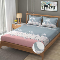 Double Bedsheet For Queen Size With Tow Pillow Cover - 72 X 72 Inches, Pink & Grey | All Around Elastic Fitted Breathable & Durable, Soft Touch & Perfect For All Seasons