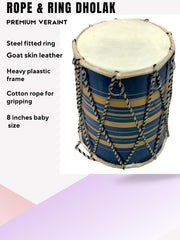 Premium Veraint Rope & Ring Dholak With Steel Fitted Ring - Multicolor | Goat Skin Leather, Heavy Plastic Frame, Cotton Rope For Gripping