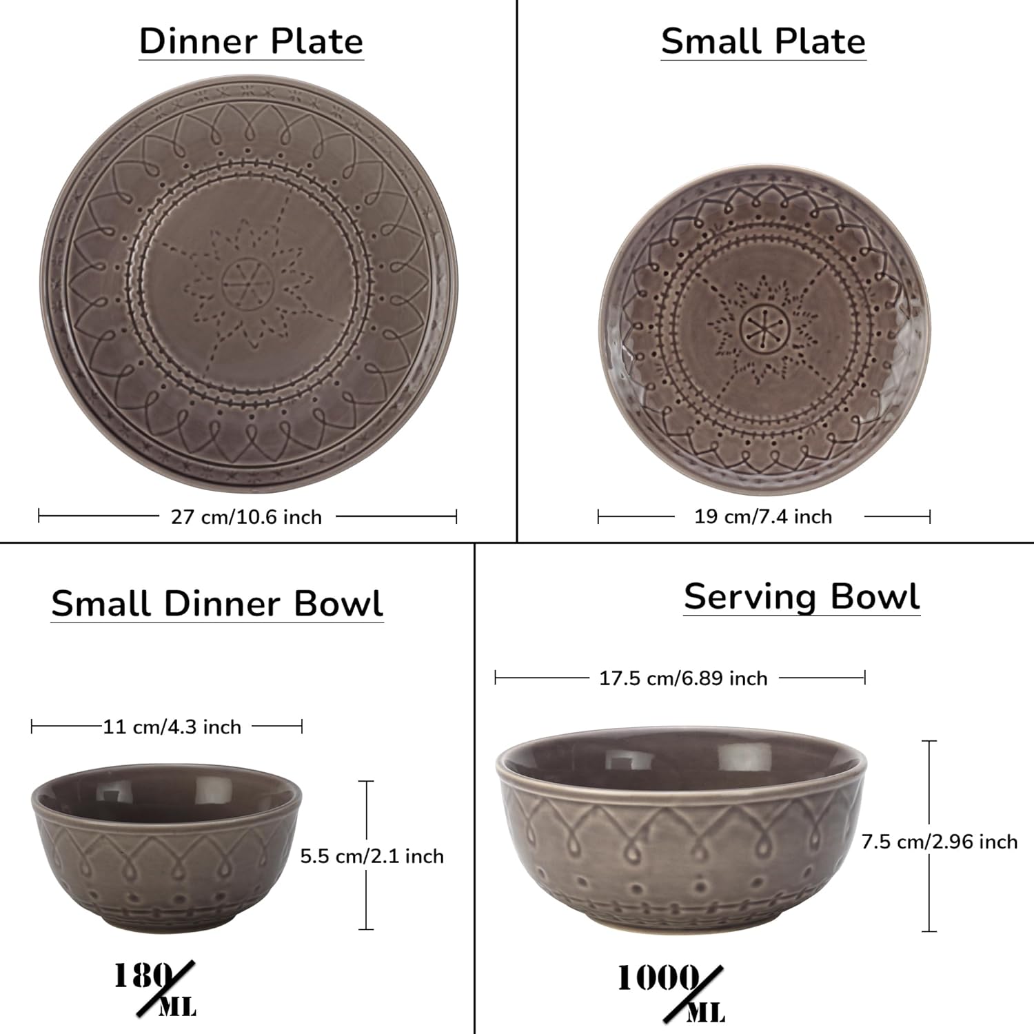 Handcrafted Stoneware Embossed Ceramic Dinner Set Of 20 Pcs With Serving Bowls Set - Ash Grey | 6 Dinner Plates+ 6 Small Plates+ 6 Small Dinner Bowls, 180ml Each+ 2 Serving Bowl, 1000ml Each Handcrafted Stoneware Embossed Ceramic Dinner Set Of 20 Pcs With Serving Bowls Set - Ash Grey | 6 Dinner Plates+ 6 Small Plates+ 6 Small Dinner Bowls, 180ml Each+ 2 Serving Bowl, 1000ml Each
