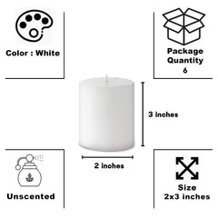 PILLAR CANDLES 3 INCH WHITE UNSCENTED CANDLES | BURNING TIME 35 HOURS | SET OF 6