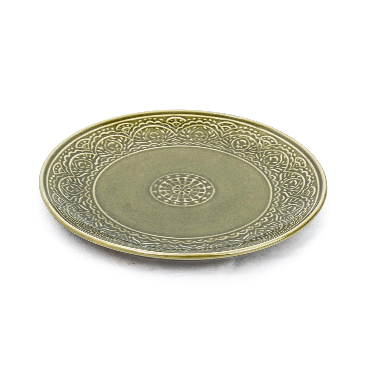 Ceramic Dinner Plates Set Of 6 Pieces, Mehndi Green Carving Series | Ceramic Plates Set With Glossy Finish - Dinner Plates Ceramic | Set Of 6 Plates For Dinner - Microwave Safe & Chip Resistant Ceramic Dinner Plates Set Of 6 Pieces, Mehndi Green Carving Series | Ceramic Plates Set With Glossy Finish - Dinner Plates Ceramic | Set Of 6 Plates For Dinner - Microwave Safe & Chip Resistant