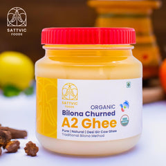 100% Natural A2 Bilona Churned Cow Ghee By Sattvic Foods | Traditional Bilona Method, Grass Fed Cows Homemade Ghee Good For Brain Health | (1 Litre) 33.8 Ounce | Jar Pack