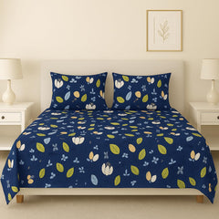 Glace Cotton Flat Double Bedsheets With 2 Pillow Covers | 90 X 90 Inches, Blue & Yellow | Double Bed Breathable | Wrinkle Free & Summer