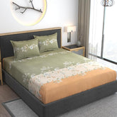 Feel Glace Cotton Bedsheets All Around Elastic Fitted Floral Bedsheets Queen Size - 78 X 60 Inches, Grey & Yellow | Super Soft Fitted Bedsheet For Double Bed