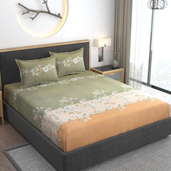 Feel Glace Cotton Bedsheets All Around Elastic Fitted Floral Bedsheets Queen Size - 78 X 60 Inches, Grey & Yellow | Super Soft Fitted Bedsheet For Double Bed