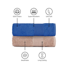 Haus & Kinder Harmony Combed Bath Towel 500 Gsm | Cotton Towel For Men, Women | Towels For Gym, Spa | Cobalt & Almond | Pack Of 2