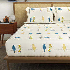 King Size Cotton Double Bedsheet - 108 X 108 Inches, White & Blue | 100% Cotton Comfort Collection | Ideal For Guest House, Hotel, Home