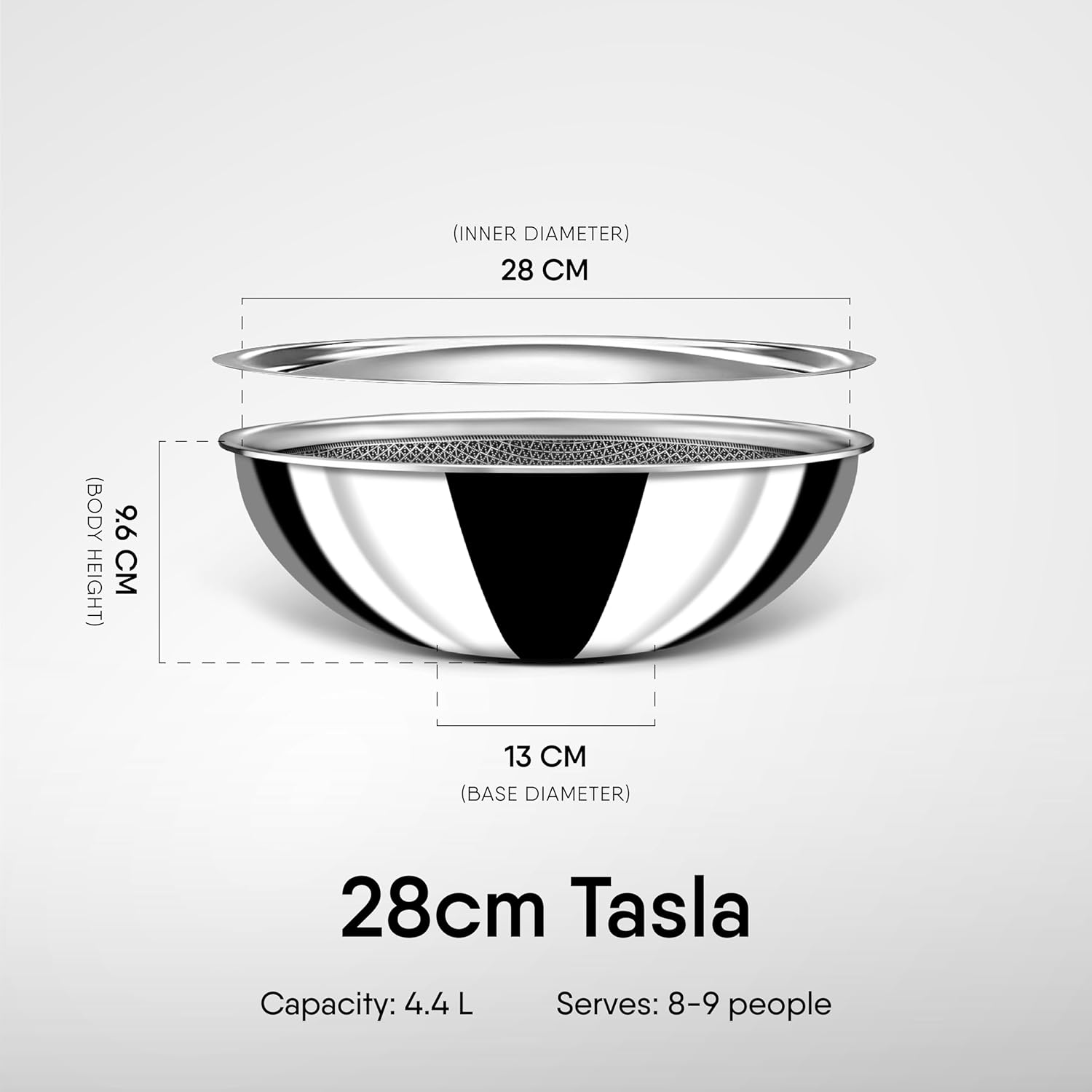 Artisan Hybrid Triply Kadhai Or Tasla With Lid, 4.4 Liters | Induction & Gas Stove Compatible, 28 Cm Artisan Hybrid Triply Kadhai Or Tasla With Lid, 4.4 Liters | Induction & Gas Stove Compatible, 28 Cm