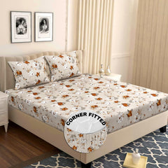 Elastic Fitted Double Bedsheets For Queen Size With 2 Pillow Covers - Size 72 X 68 X 6 Inches, Cream & White | Double Bed With Corner Elastic | Wrinkle Free Super Soft Floral Breathable