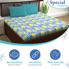 Cotton Extra Double Bedsheet For King Size With 2 Pillow Covers | 87 X 106 Inches, Blue & Yellow - Ideal For Home, Guest House, Hotel | Soft & Breathable Fabric