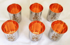 Copper Stainless Steel Glass Set Of 6 Pieces - 325ml Each | Printed Floral Design - Tableware Set