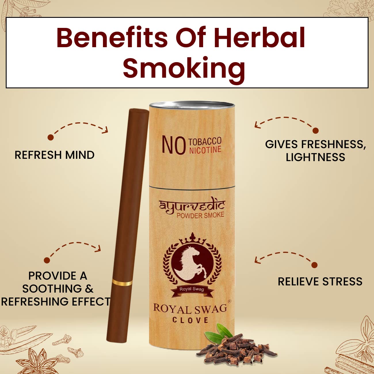 Royal Swag Ayurvedic Herbal Cigarettes 100% Tobacco Free 100% Nicotine Free Cigarettes Clove Flavoured | Smoking Cessation Pack Of 50 Royal Swag Ayurvedic Herbal Cigarettes 100% Tobacco Free 100% Nicotine Free Cigarettes Clove Flavoured | Smoking Cessation Pack Of 50