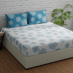 Flat Bedsheet For Double Bed With 2 Pillow Covers - 88 X 96 Inches, White & Blue | Comfort Fabric Bedsheet Home, Hotel & Guest House