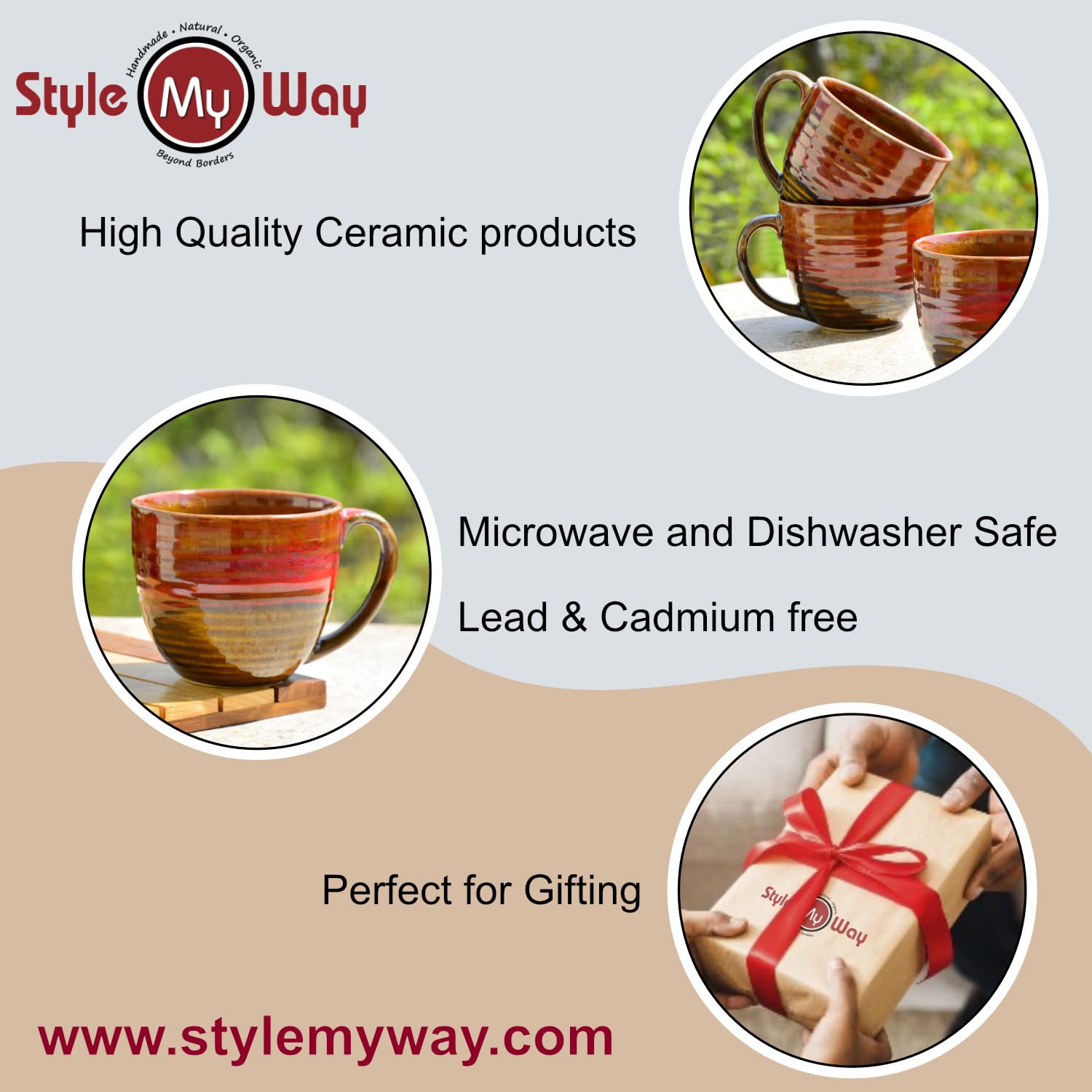 Studio Pottery Ceramic Soup Cups With Handle Set Of 4 - 350ml Each, Ombre Red | Maggi Bowls - Cereal Bowls Studio Pottery Ceramic Soup Cups With Handle Set Of 4 - 350ml Each, Ombre Red | Maggi Bowls - Cereal Bowls