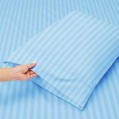 Elastic Fitted Bedsheets With 2 Pillow Covers - Size-78 X72+10 Inches, Sky Blue | King Size Bed With All Around Elastic Super Soft Striped Breathable