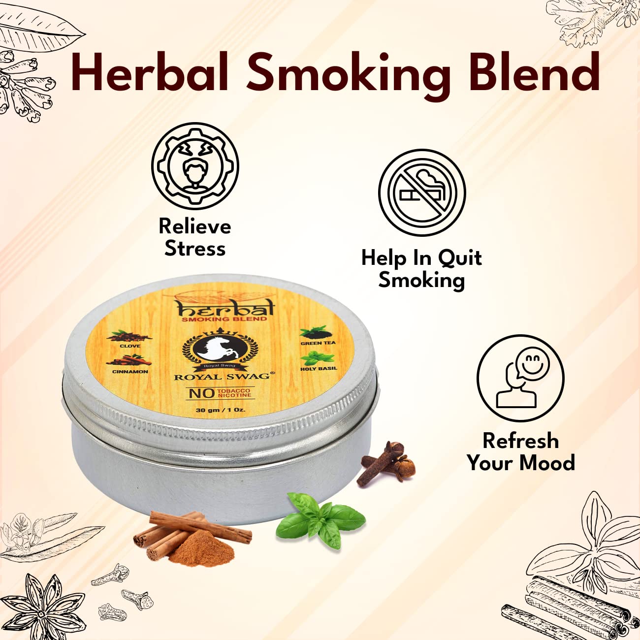 Royal Swag Tobacco & Nicotine Free Smoking Mixture With 100% Natural Herbal Smoking Blend (Makes 40 Rolls) Tobacco Alternatives, Herbal Smoking Mix 1 Pack 30gm Royal Swag Tobacco & Nicotine Free Smoking Mixture With 100% Natural Herbal Smoking Blend (Makes 40 Rolls) Tobacco Alternatives, Herbal Smoking Mix 1 Pack 30gm