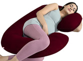 C Shaped Pregnancy Pillow For Maternity & Baby Nursing, Full Body Support, Maroon | Abdomen, Spine, Neck & Head Support Cushion | Premium Velvet Outer Cover With Zip, Adjustable Pillow