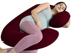 C Shaped Pregnancy Pillow For Maternity & Baby Nursing, Full Body Support, Maroon | Abdomen, Spine, Neck & Head Support Cushion | Premium Velvet Outer Cover With Zip, Adjustable Pillow