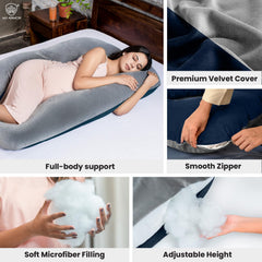 Full Body U Shape Pregnancy Pillow For Women, Maternity Pillow, Grey & Navy Blue | Pillow Gift For Pregnancy Sleeping, Premium Velvet Cover With Zip | Adjustable & Washable, Relieves Pain