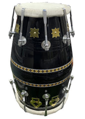 Mango Wooden Professional Glassy Black Dholak With Nut & Bold Fitting | Both Side Wild Gold Skin Made Ring