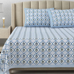 Hand Printed Double Bedsheet For King Size With 2 Pillow Covers | 90 X 108 Inches, Blue & White | Ultra-Soft & Skin-Safe | Breathable Summer Comfort