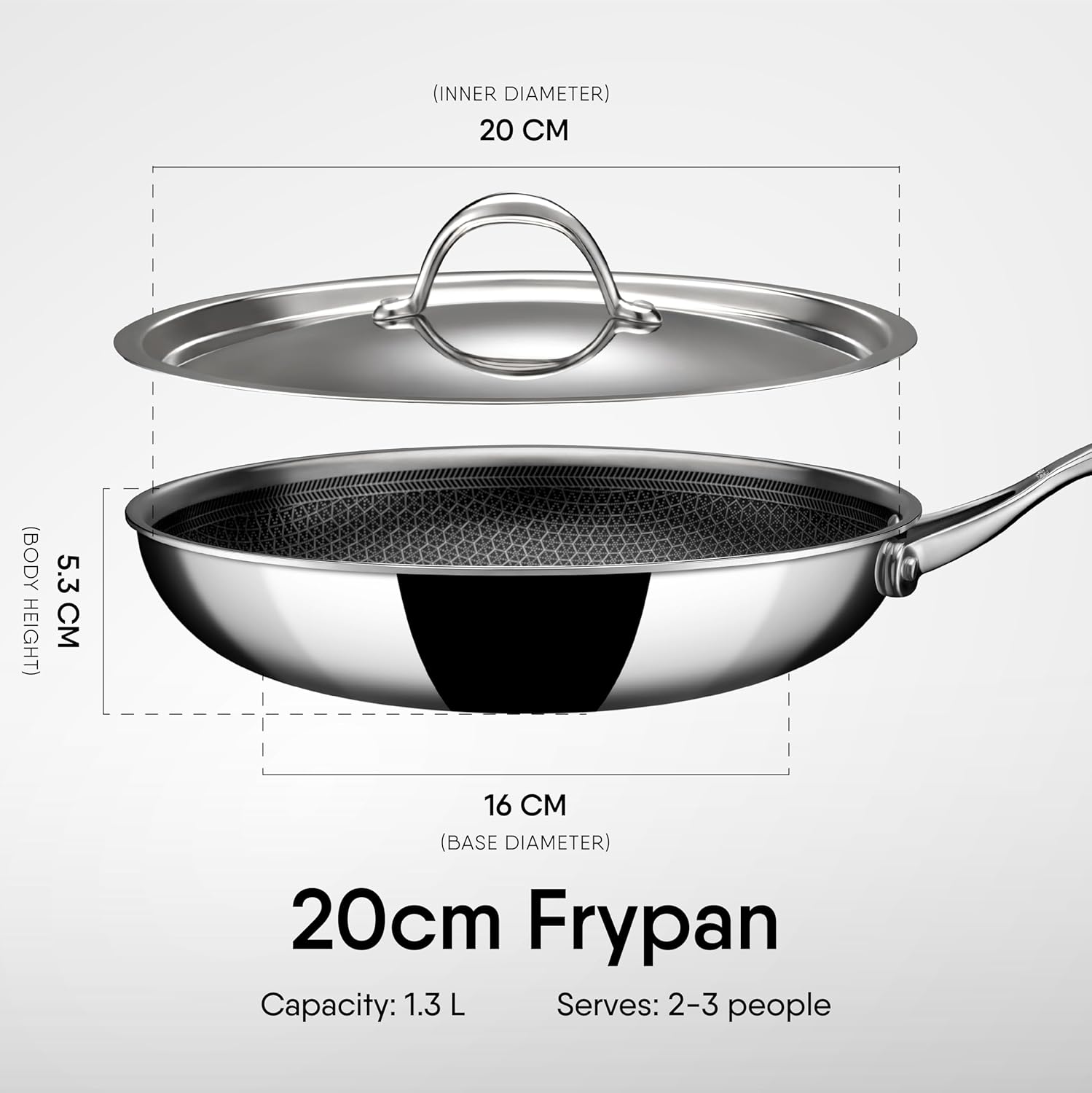 Artisan Hybrid Stainless Steel Triply Frying Pan With Lid - Non Stick, Induction Base Fry Pan | 1.3 Liters, 20 Cm Artisan Hybrid Stainless Steel Triply Frying Pan With Lid - Non Stick, Induction Base Fry Pan | 1.3 Liters, 20 Cm