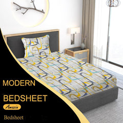 Print Cotton 1 Single Bedsheet With 1 Pillow Cover - 60 X 90 Inches, Yellow & Grey | Soft & Breathable Fabric, Skin-Friendly Bed Sheet For All Seasons
