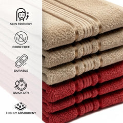 Akiko Home 100% Cotton Essential Series Hand Towels 1200 Gsm | Soft, Absorbent & Durable, Cotton Hand Towel For Bathroom Use, Gentle On Skin- Pack Of 6 (Beige & Maroon)