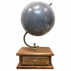 Antique Home Decor 8 Inch Diameter World Globe On Silver Arc & Wooden Storage Drawer For Office Table, Gift, Interior Decoration & Educational - Blue & Silver, Pack Of 1
