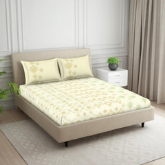 Double Bedsheet With 2 Pillow Covers (Size 88 X 100 Inch) Cream | Breathable Pure Cotton Queen Size Bedsheet | Floral Design Bedsheet