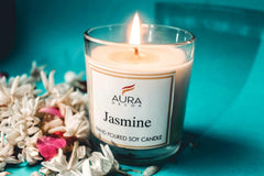 JASMINE FRAGRANCE SOY WAX GLASS CANDLE WITH WOODEN LID & COMES GIFT BOX CANDLE